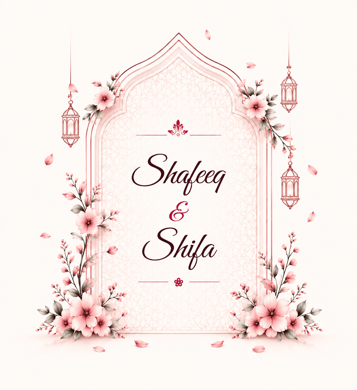 Shafeeq & Shifa written inside a floral arch with hanging lanterns